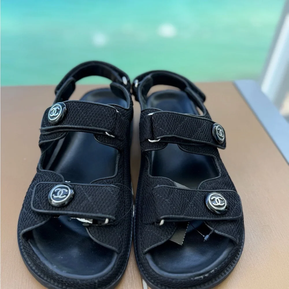 CHANEL 21C DAD CC Logo fabric Sandals with Silver Details